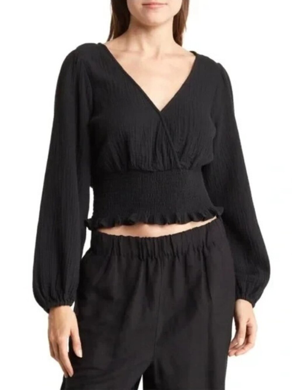 $72 Madewell Nordstrom Julianne Smocked-Waist Top, Black, XS
